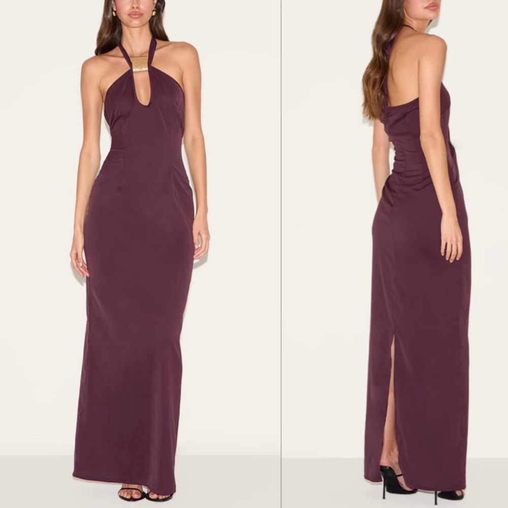 NWT PrettyLittleThing Plum Woven Halter Neck Trim Detail Maxi Dress Size 8